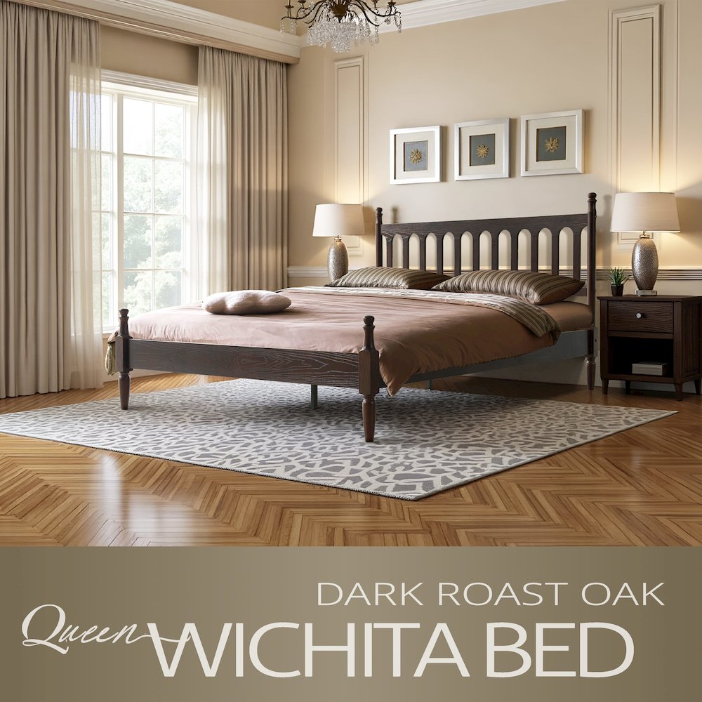 Queen Wooden Platform Bed Frame, Dark Roast Oak Finish, Traditional Style. Picture 6