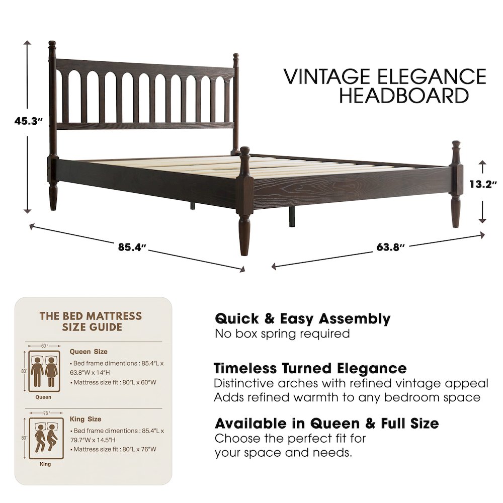 Queen Wooden Platform Bed Frame, Dark Roast Oak Finish, Traditional Style. Picture 2