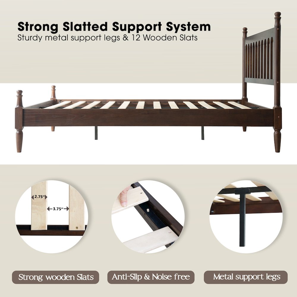 Queen Wooden Platform Bed Frame, Dark Roast Oak Finish, Traditional Style. Picture 3