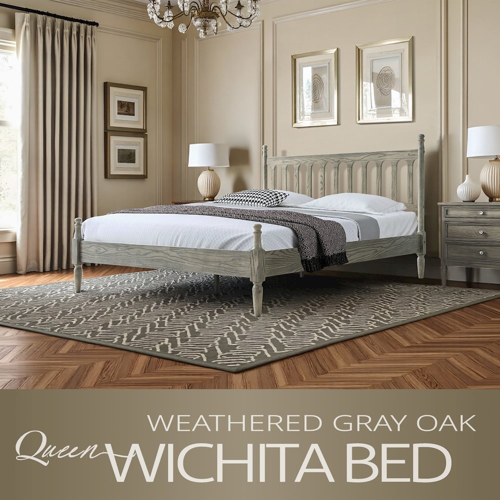Queen Wooden Platform Bed Frame, Weathered Gray Oak Finish, Traditional Style. Picture 6
