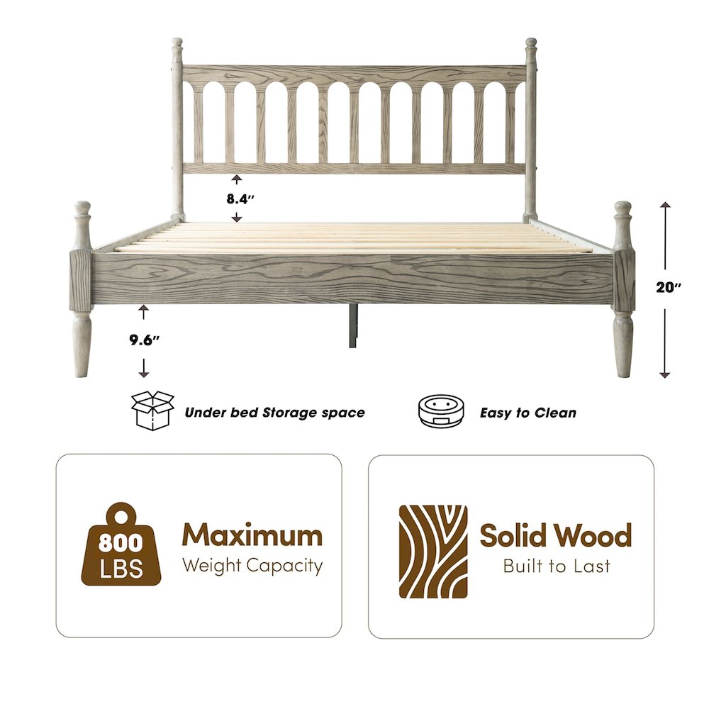 Queen Wooden Platform Bed Frame, Weathered Gray Oak Finish, Traditional Style. Picture 1