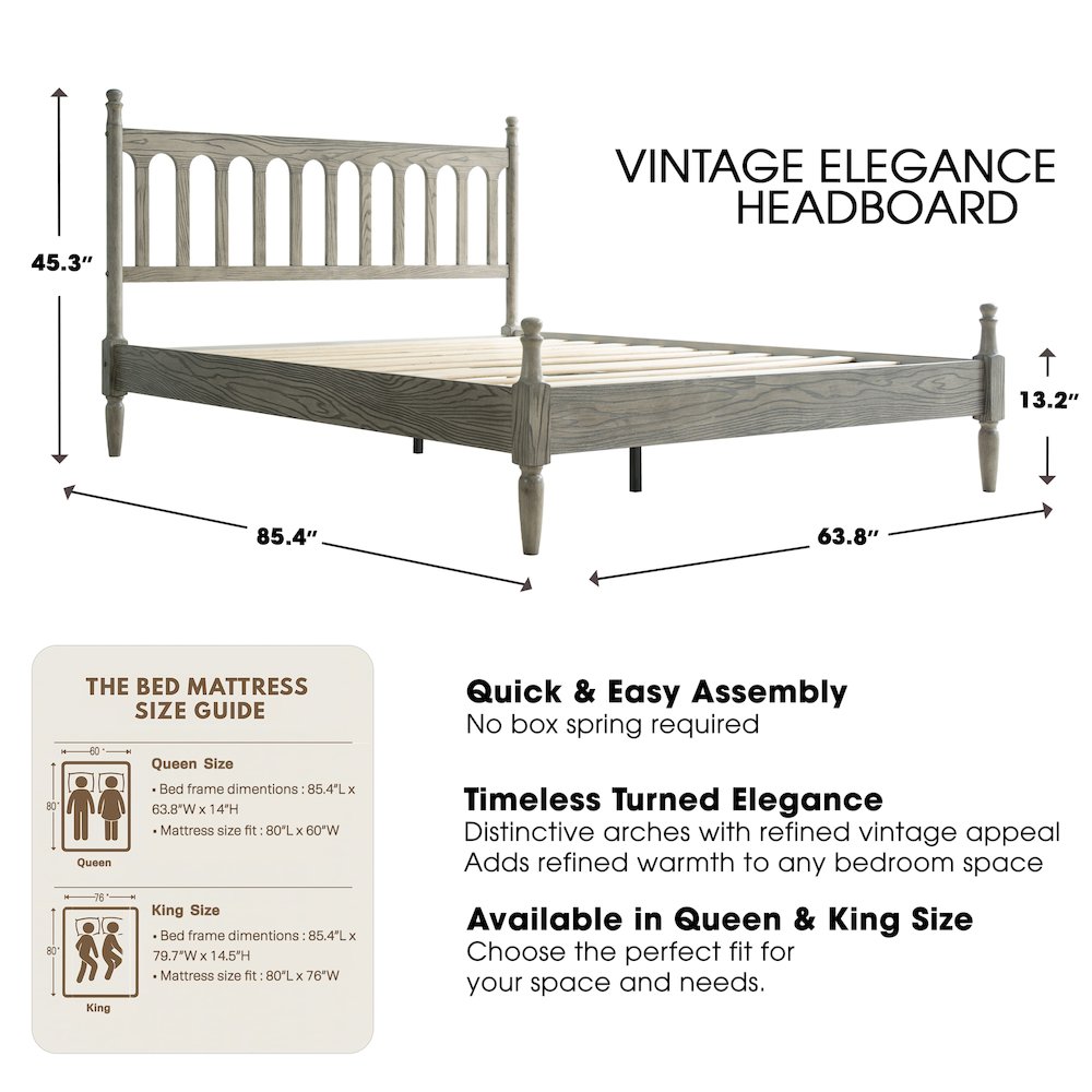 Queen Wooden Platform Bed Frame, Weathered Gray Oak Finish, Traditional Style. Picture 2