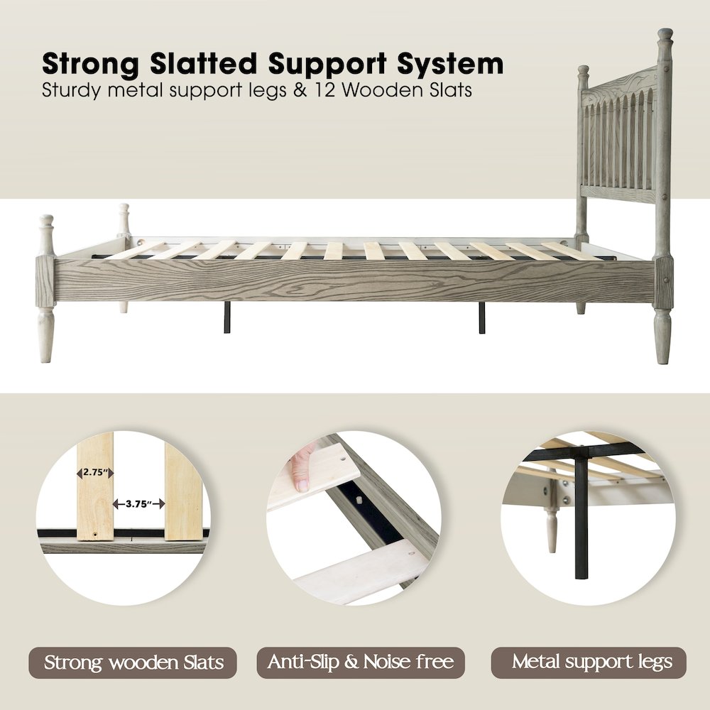 Queen Wooden Platform Bed Frame, Weathered Gray Oak Finish, Traditional Style. Picture 3