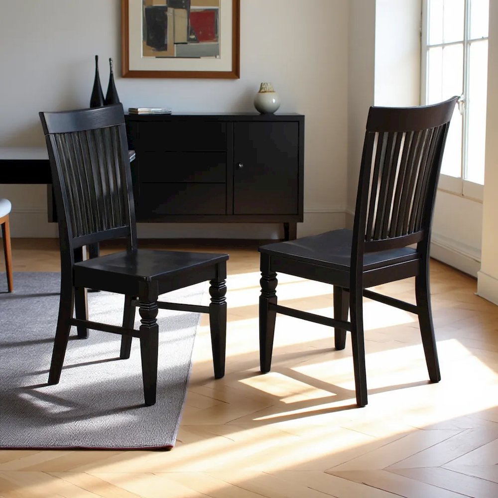 Elegant Black Wooden Dining Chairs – Classic Slatted Back, Set of 2. Picture 4