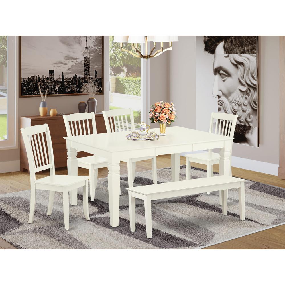 East West Furniture WEAV6-LWH-W – 6-Pieces Kitchen Table Set - 1 Modern Rectangular Table and 4 wooden Dining Room Chairs with One Dining Bench – Linen White Finish. Picture 2