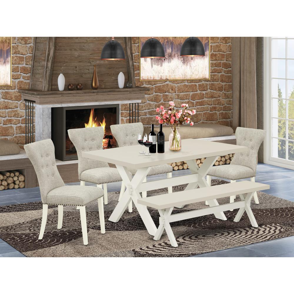 X026GA235-6 6-Piece Kitchen Dinette Set-Doeskin Linen Fabric Seat and Button Tufted Chair Back Parson dining room chairs, A Rectangular Bench and Rectangular top Kitchen Table with Wooden Legs - Linen. Picture 2
