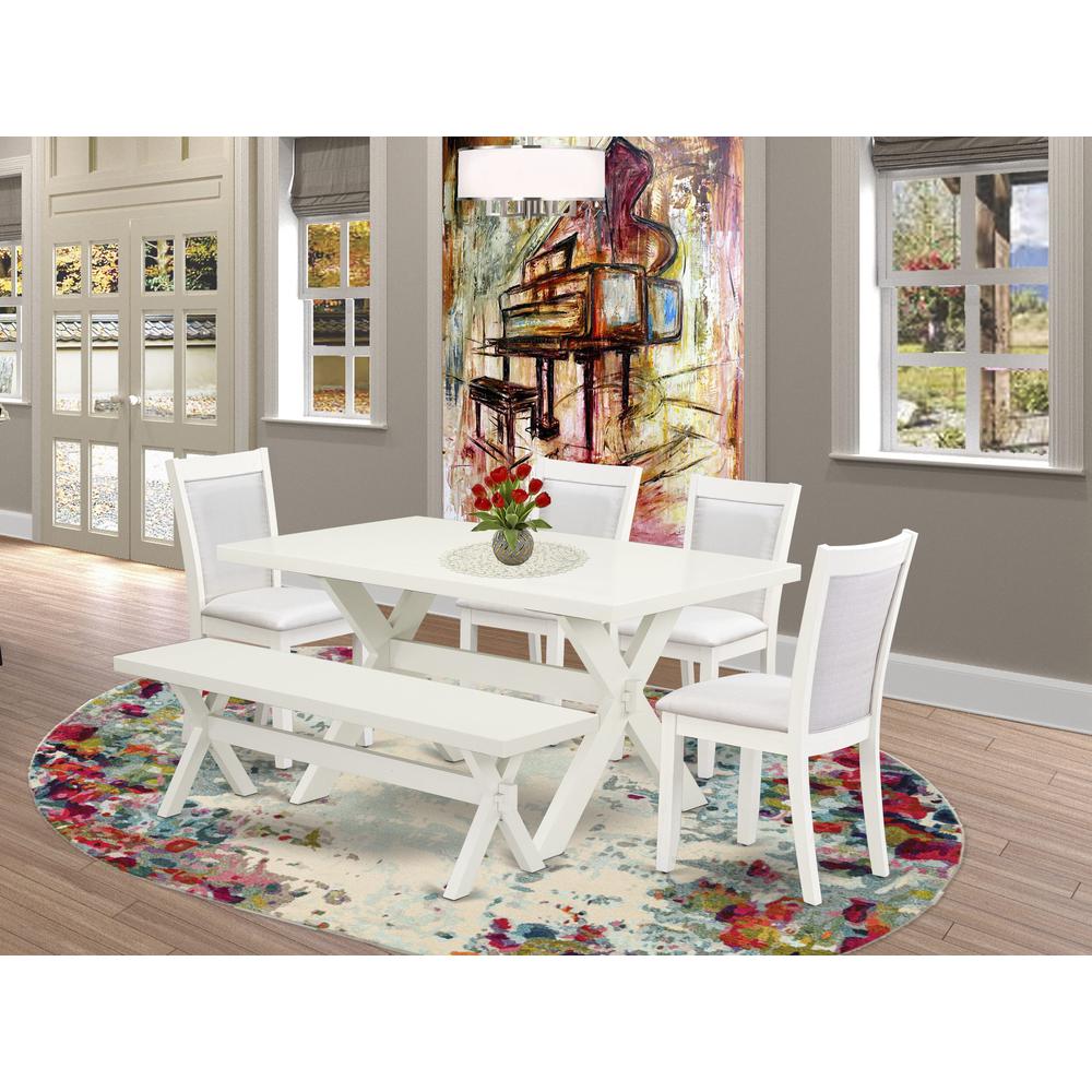 X026MZ001-6 6-Pc Dining Table Set Contains a Dinner Table - 4 Cream Dining Chairs and a Bench - Wire Brushed Linen White Finish. Picture 2