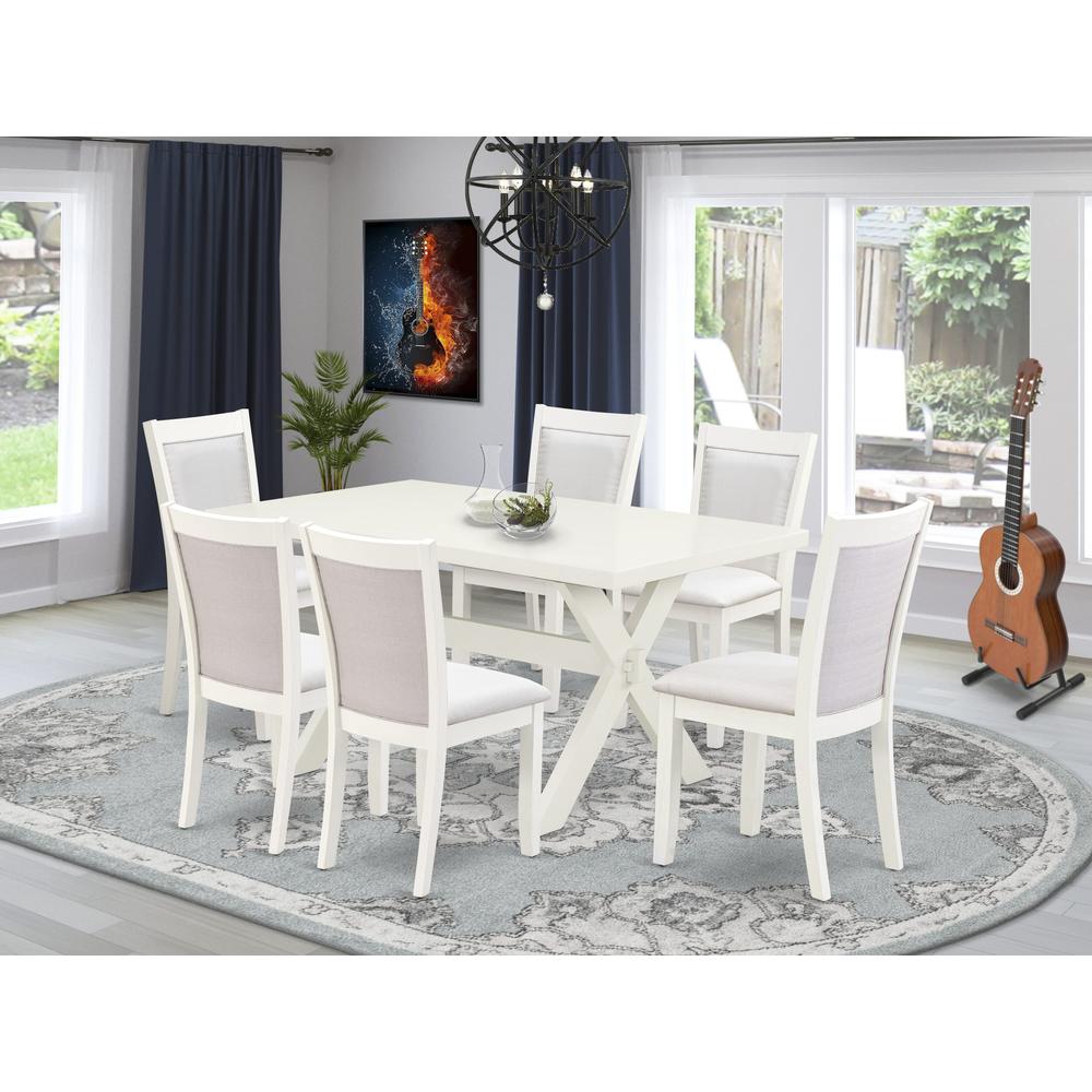 X026MZ001-7 7-Piece Dining Set Contains a Dining Table and 6 Cream Upholstered Dining Chairs - Wire Brushed Linen White Finish. Picture 2