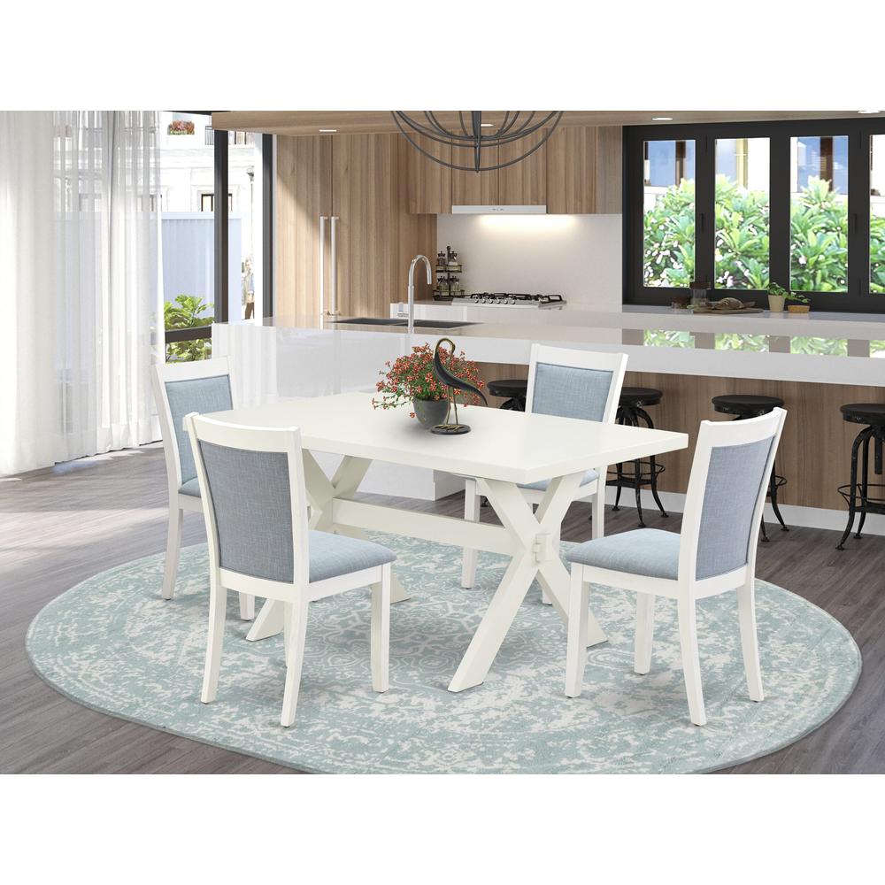 X026MZ015-5 5-Piece Dining Room Table Set Contains a Dining Table and 4 Baby Blue Padded Chairs - Wire Brushed Linen White Finish. Picture 2