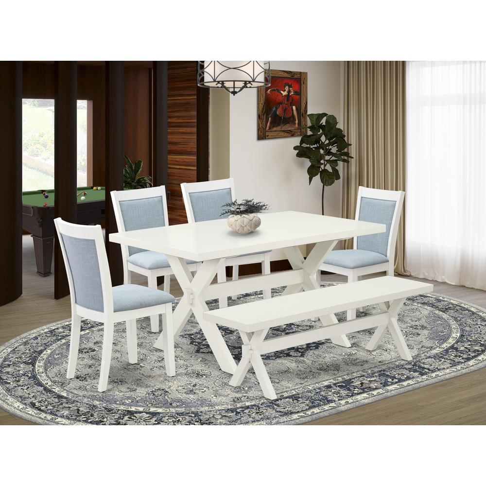 X026MZ015-6 6-Pc Dining Set Contains a Wood Table - 4 Baby Blue Dining Chairs and a Small Bench - Wire Brushed Linen White Finish. Picture 2