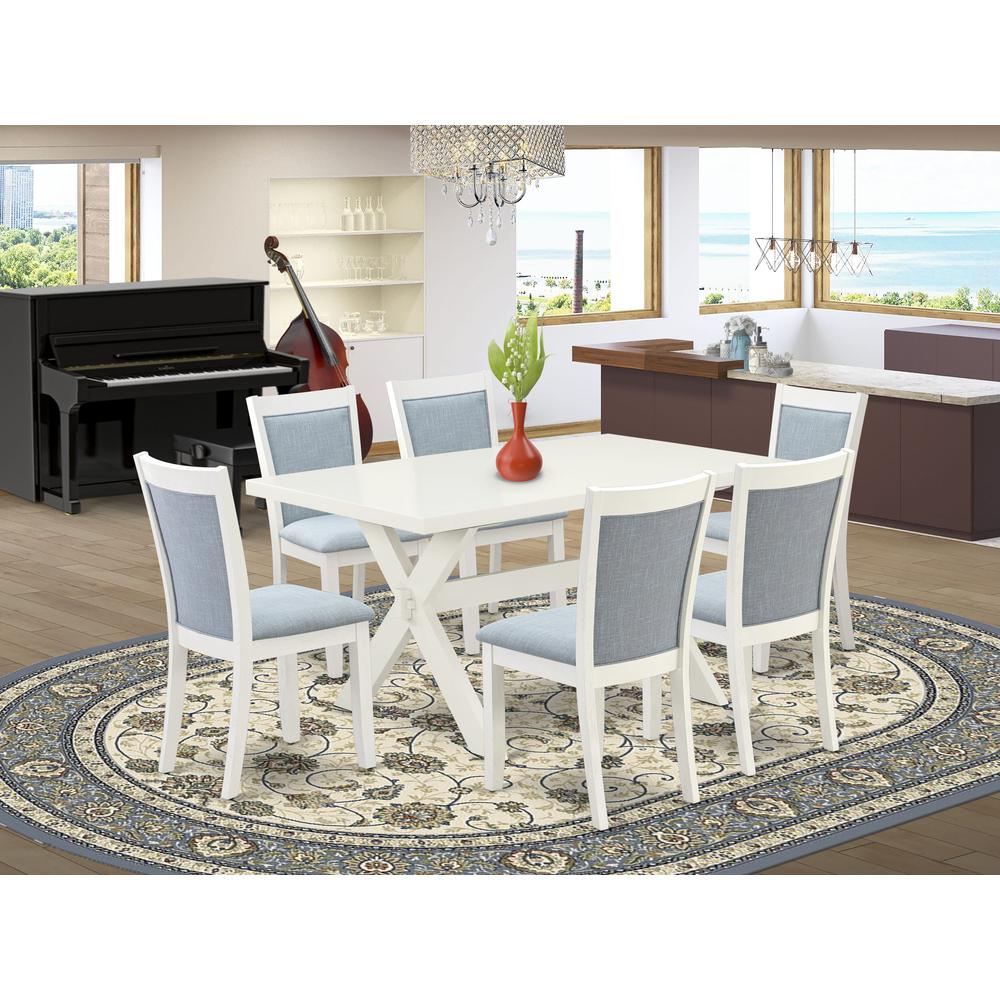 X026MZ015-7 7-Piece Dining Table Set Contains a Wooden Table and 6 Baby Blue Dining Room Chairs - Wire Brushed Linen White Finish. Picture 2