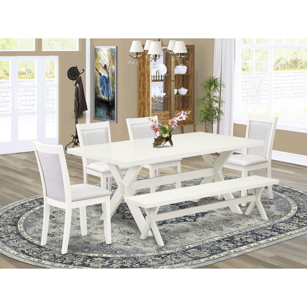 X027MZ001-6 6-Piece Dining Set Includes a Dining Table - 4 Cream Dining Chairs and a Wood Bench - Wire Brushed Linen White Finish. Picture 2