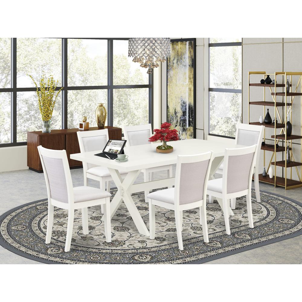 X027MZ001-7 7-Pc Kitchen Table Set Includes a Wood Dining Table and 6 Cream Parson Chairs - Wire Brushed Linen White Finish. Picture 2