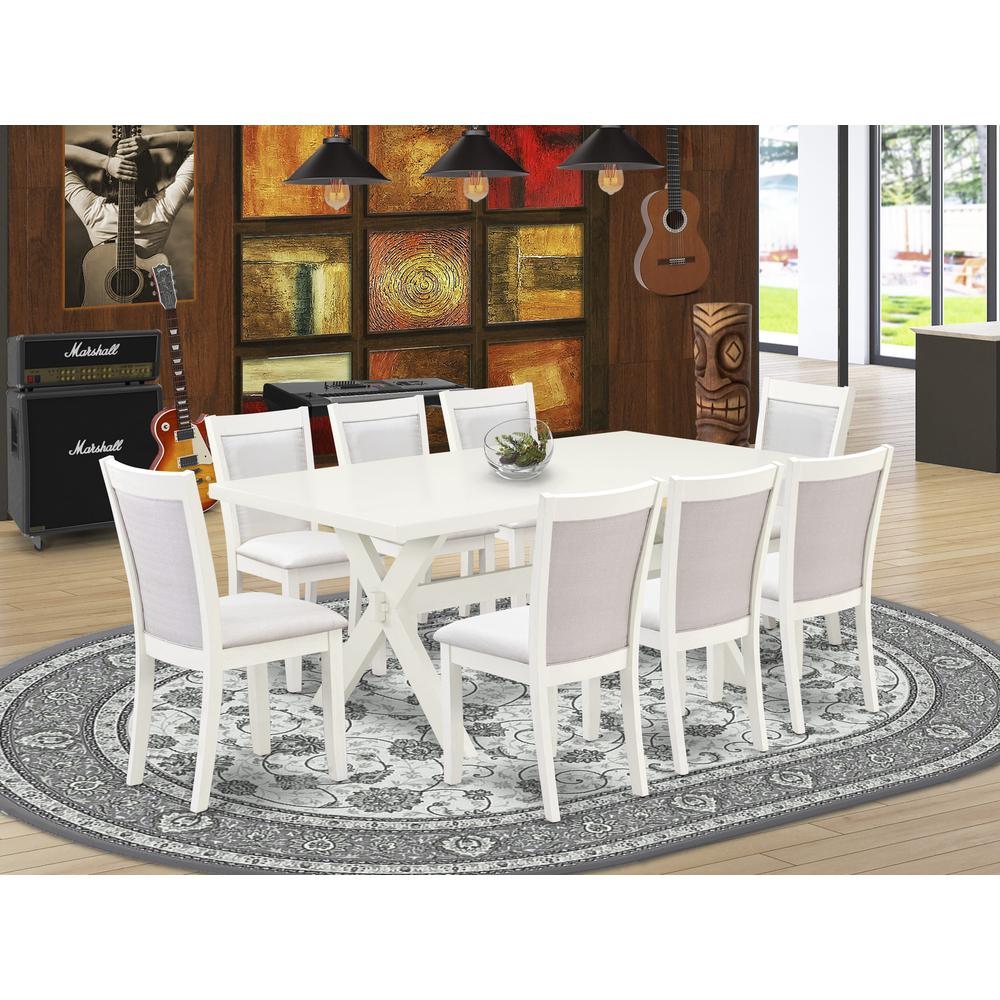 X027MZ001-9 9-Pc Dining Room Set Includes a Dining Table and 8 Cream Upholstered Dining Chairs - Wire Brushed Linen White Finish. Picture 2