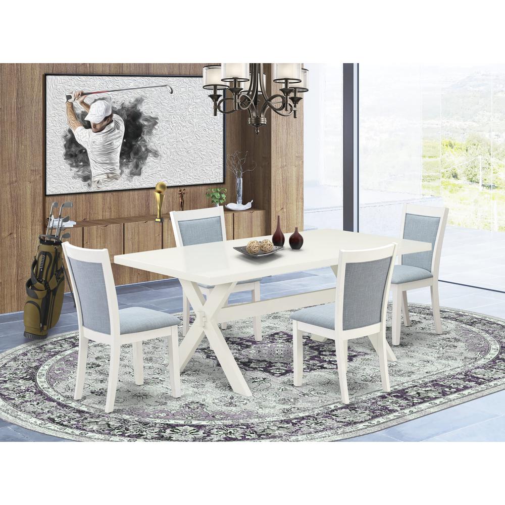 X027MZ015-5 5-Pc Dinette Set Includes a Dining Room Table and 4 Baby Blue Parson Dining Chairs - Wire Brushed Linen White Finish. Picture 2