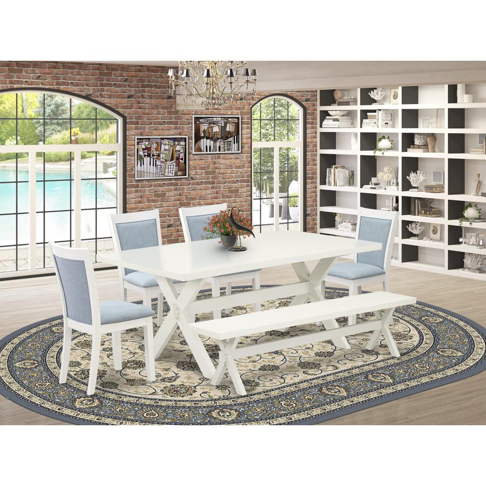 X027MZ015-6 6-Piece Table Set Includes a Dining Table - 4 Baby Blue Parson Chairs and a Bench - Wire Brushed Linen White Finish. Picture 2