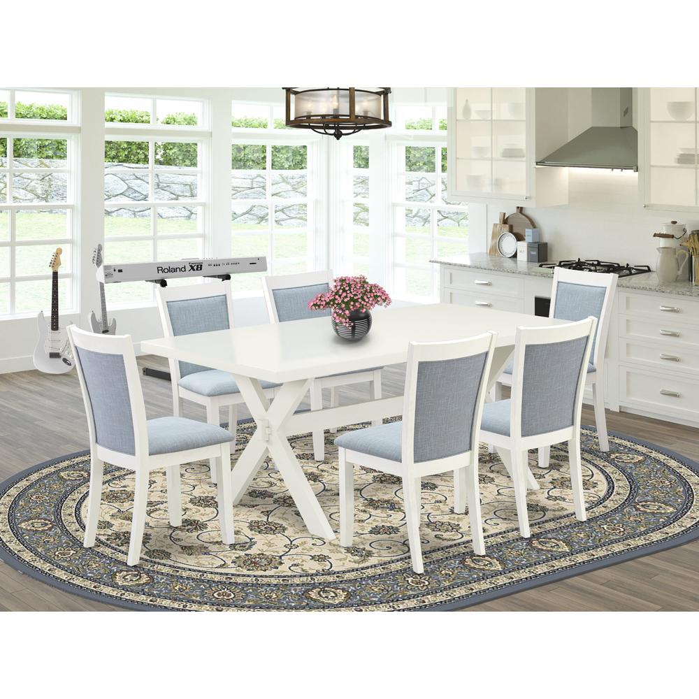 X027MZ015-7 7-Pc Dining Set Includes a Wooden Dining Table and 6 Baby Blue Dining Room Chairs - Wire Brushed Linen White Finish. Picture 2