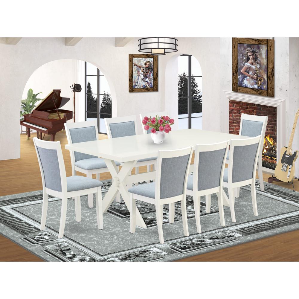 X027MZ015-9 9-Pc Modern Dining Table Set Includes a Dining Table and 8 Baby Blue Dining Chairs - Wire Brushed Linen White Finish. Picture 2