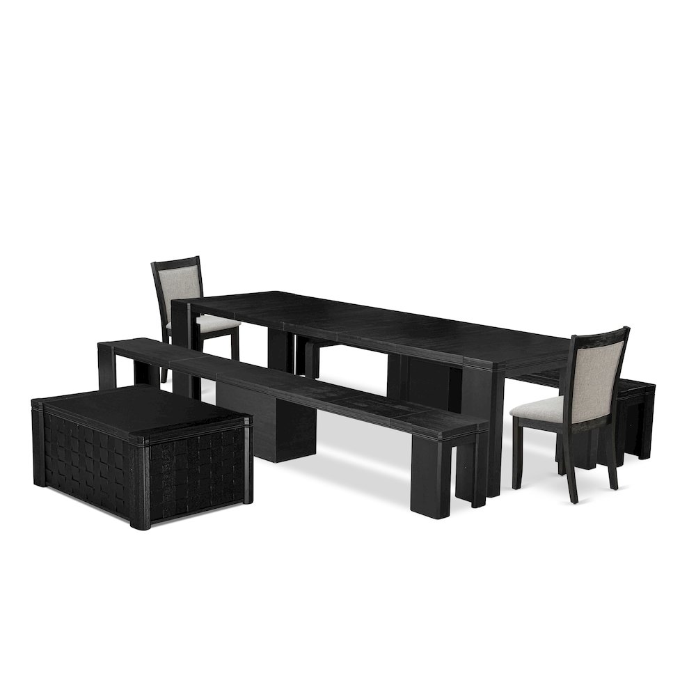 Luxe East West Furniture X02MZ-2C6-50 6-piece Dining Room Table Set a Rectangular Kitchen Table with a coffee Table and 2 wooden Benches and 2 Dark Gotham Grey Linen Fabric Dining Chair, Wire Brushed. Picture 1