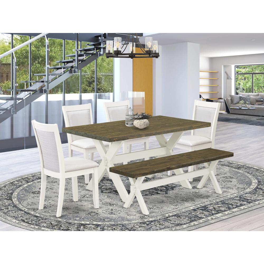X076MZ001-6 6-Pc Table Set Consists of a Dining Table - 4 Cream Parson Chairs and a Wood Bench - Wire Brushed Linen White Finish. Picture 2
