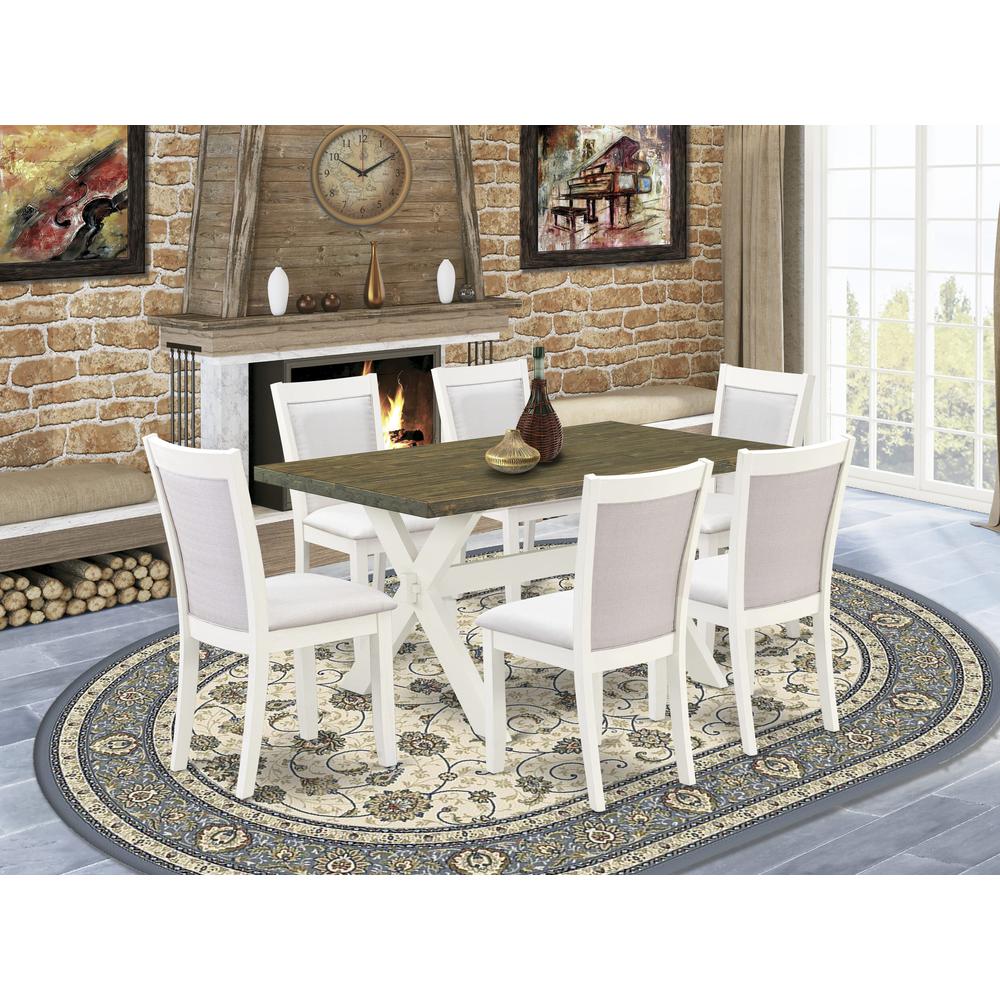X076MZ001-7 7-Piece Modern Dining Table Set Consists of a Wooden Table and 6 Cream Dining Chairs - Wire Brushed Linen White Finish. Picture 2