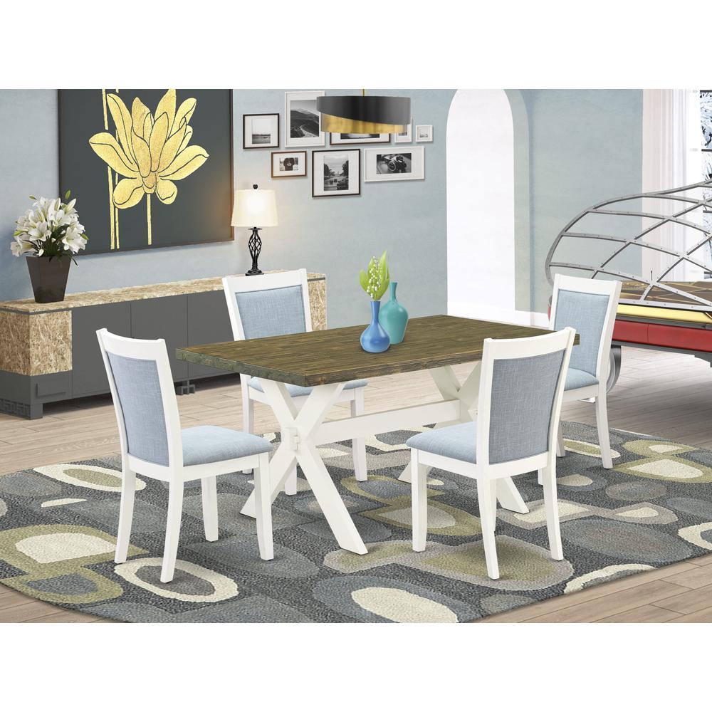 X076MZ015-5 5-Piece Dining Table Set Consists of a Wood Table and 4 Baby Blue Parson Chairs - Wire Brushed Linen White Finish. Picture 2