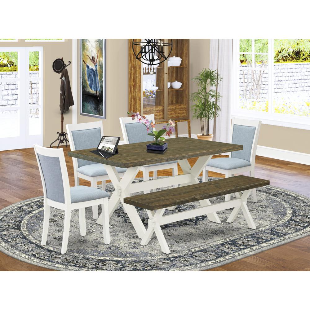 X076MZ015-6 6-Pc Table Set Consists of a Wood Table - 4 Baby Blue Padded Chairs and a Wood Bench - Wire Brushed Linen White Finish. Picture 2