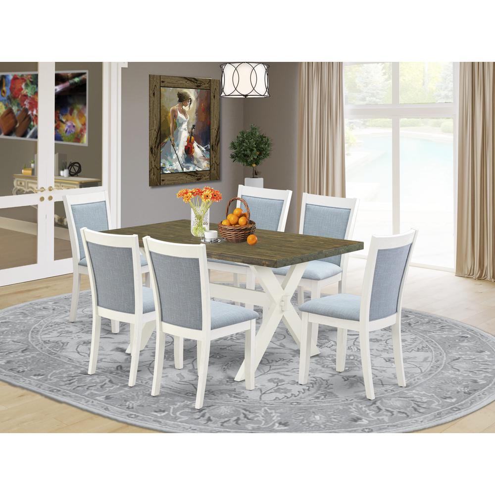 X076MZ015-7 7-Piece Kitchen Table Set Consists of a Dinner Table and 6 Baby Blue Parsons Chairs - Wire Brushed Linen White Finish. Picture 2