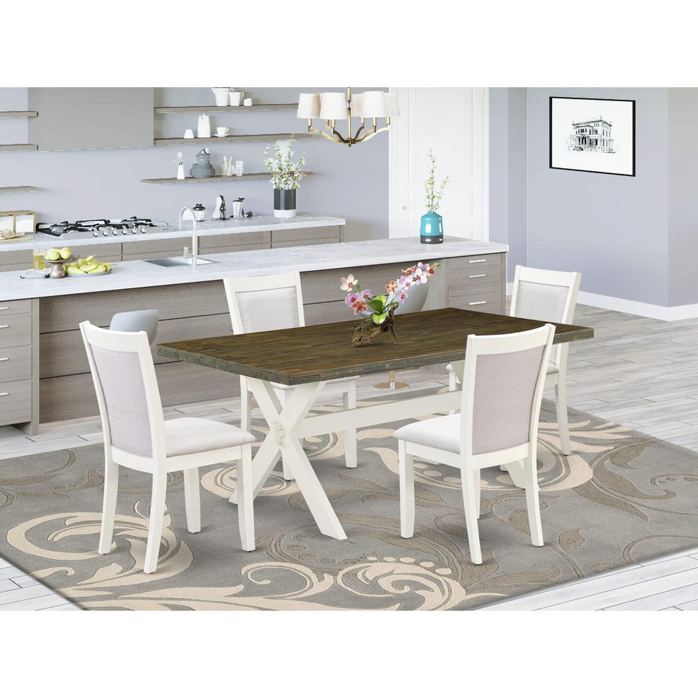 East West Furniture 5-Pc Kitchen Table Set Contains a Dining Table and 4 Cream Linen Fabric Dinning Chairs with Stylish Back - Wire Brushed Linen White Finish. Picture 2