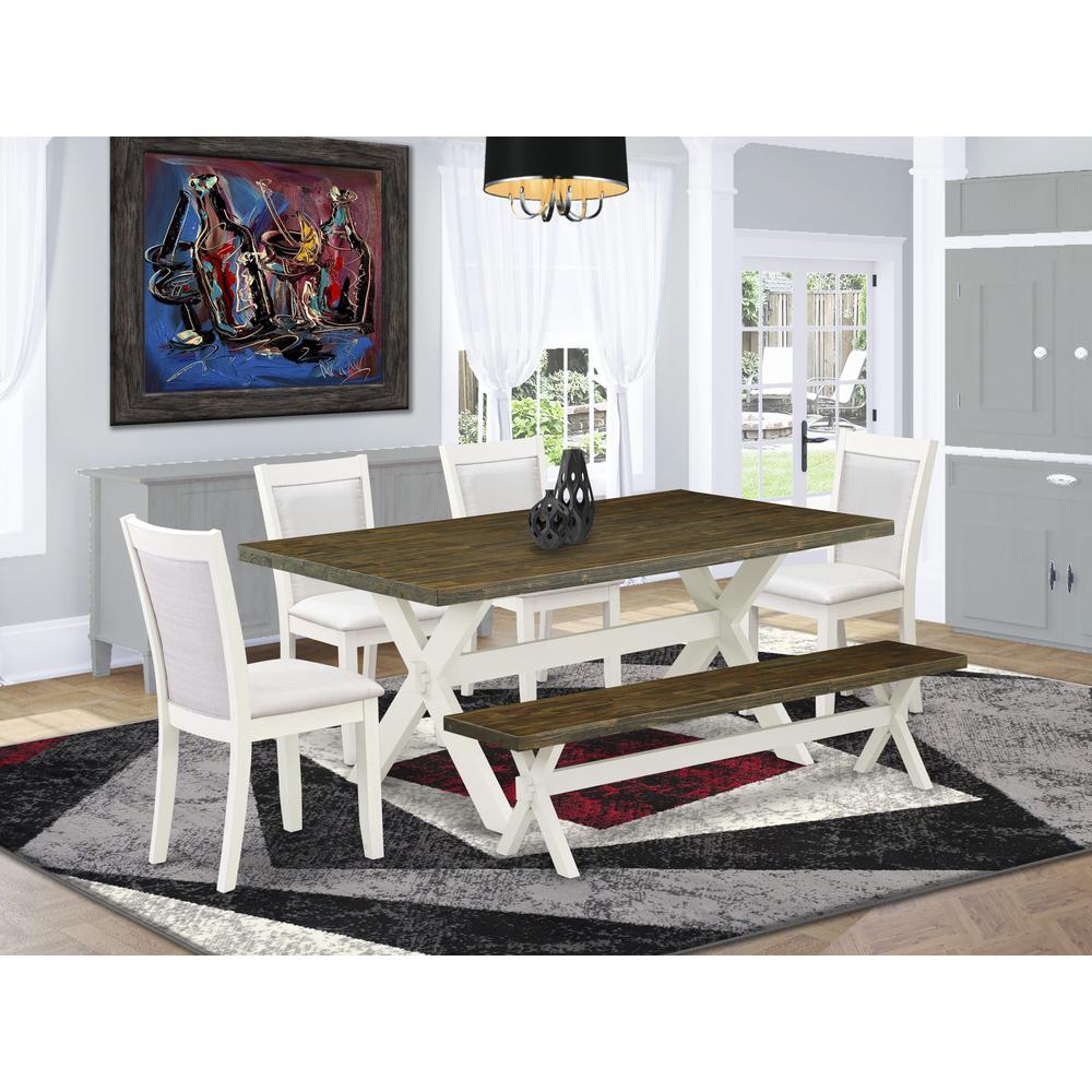 East West Furniture 6-Pc Kitchen Table Set Contains a Dining Table - 4 Cream Linen Fabric Dining Chairs with Stylish Back and a Small Bench - Wire Brushed Linen White Finish. Picture 2
