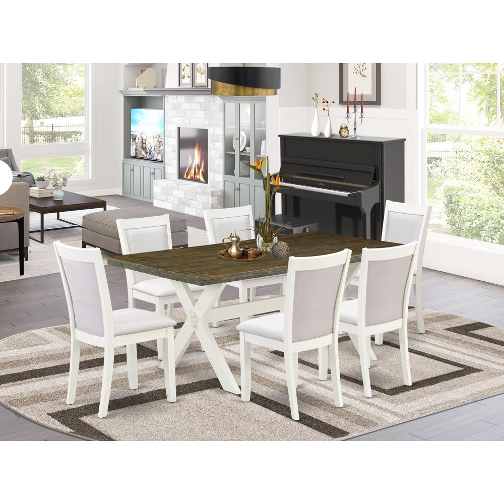 East West Furniture 7-Pc Dining Room Set Contains a Kitchen Table and 6 Cream Linen Fabric Parson Chairs with Stylish Back - Wire Brushed Linen White Finish. Picture 2