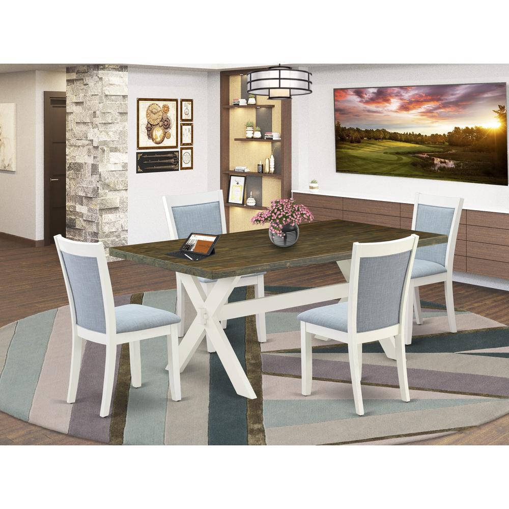 East West Furniture 5-Pc Dining Set Contains a Dining Table and 4 Baby Blue Linen Fabric Parson Chairs with Stylish Back - Wire Brushed Linen White Finish. Picture 2