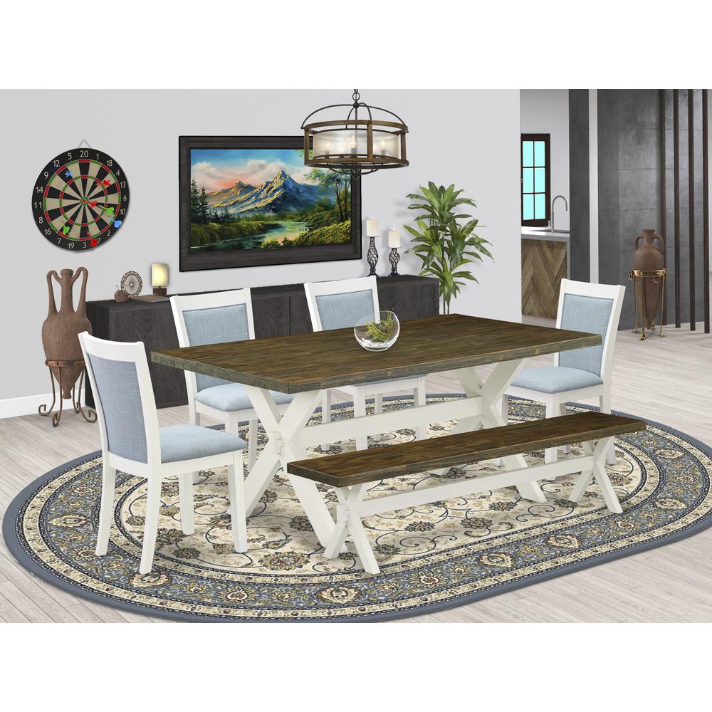 East West Furniture 6-Pc Dining Set Contains a Dining Room Table - 4 Baby Blue Linen Fabric Dining Chairs with Stylish Back and a Small Dining Bench - Wire Brushed Linen White Finish. Picture 2