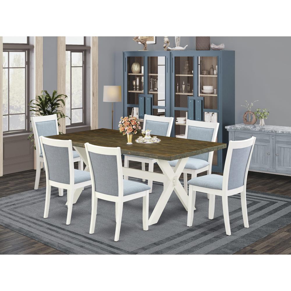 East West Furniture 7-Pc Modern Dining Table Set Contains a Mid Century Dining Table and 6 Baby Blue Linen Fabric Parson Chairs with Stylish Back - Wire Brushed Linen White Finish. Picture 2