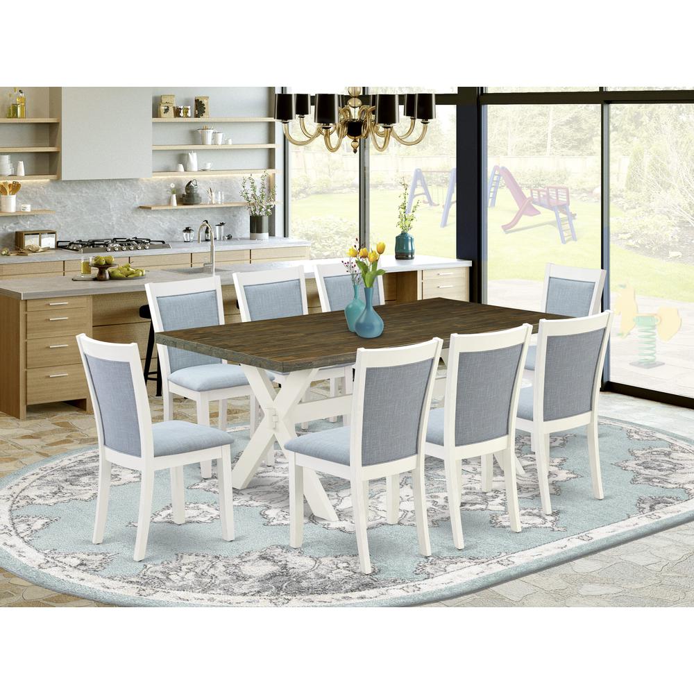 East West Furniture 9-Pc Table Set Contains a Wooden Table and 8 Baby Blue Linen Fabric Dining Room Chairs with Stylish Back - Wire Brushed Linen White Finish. Picture 2