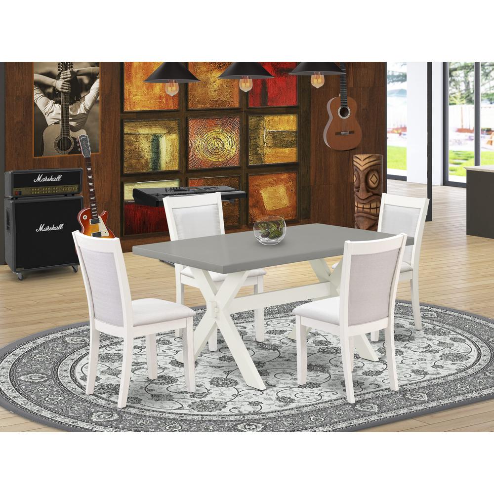 East West Furniture 5-Piece Modern Dining Table Set Includes a Mid Century Dining Table and 4 Cream Linen Fabric Dinning Room Chairs with Stylish Back - Wire Brushed Linen White Finish. Picture 2