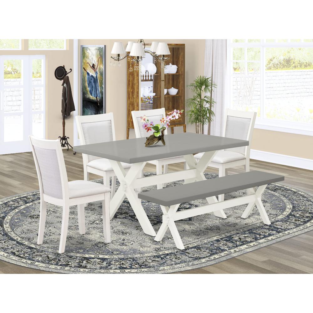 East West Furniture 6-Piece Modern Dining Table Set Includes a Kitchen Table - 4 Cream Linen Fabric Dining Chairs with Stylish Back and a Dining Bench - Wire Brushed Linen White Finish. Picture 2