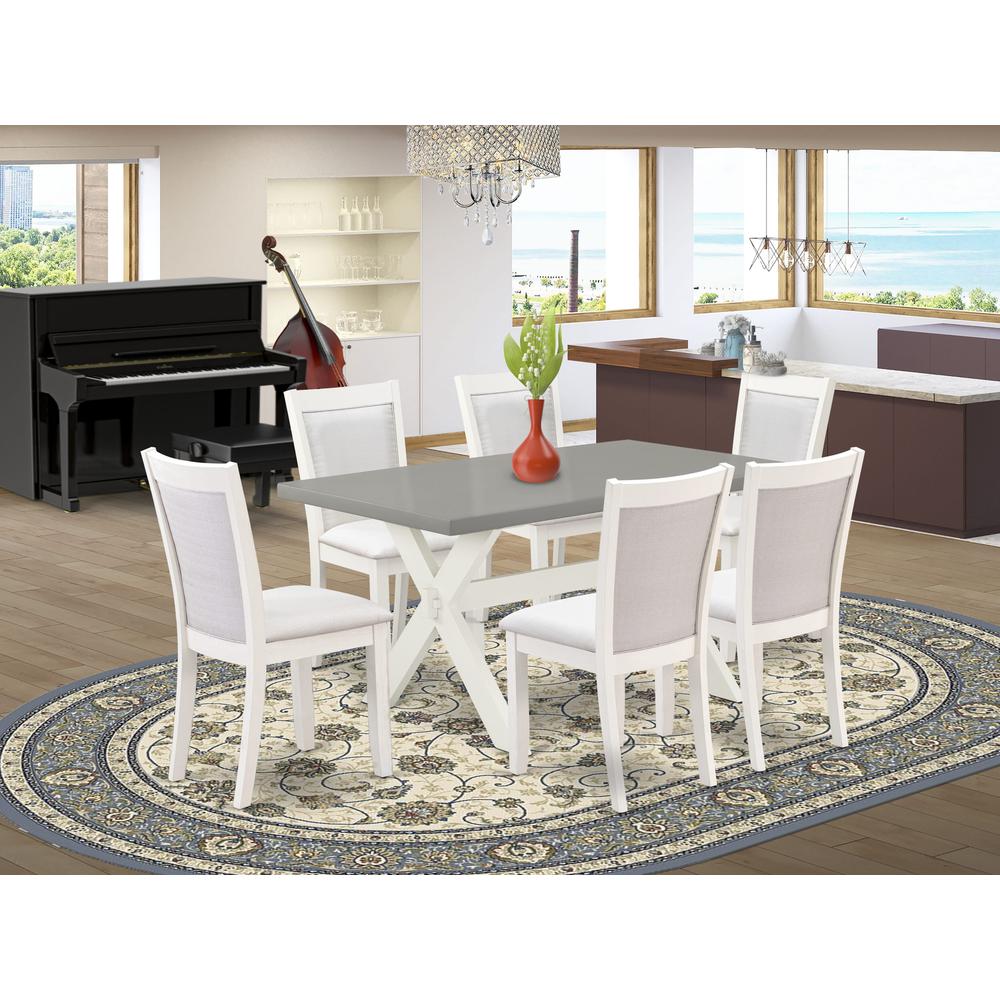 East West Furniture 7-Piece Table Set Includes a Wooden Kitchen Table and 6 Cream Linen Fabric Modern Dining Chairs with Stylish Back - Wire Brushed Linen White Finish. Picture 2