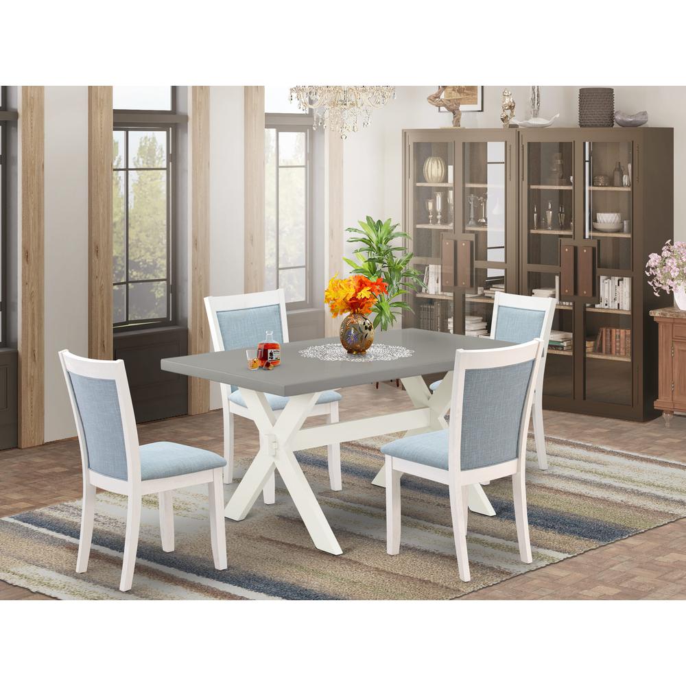 East West Furniture 5-Piece Kitchen Table Set Includes a Wooden Table and 4 Baby Blue Linen Fabric Dining Room Chairs with Stylish Back - Wire Brushed Linen White Finish. Picture 2