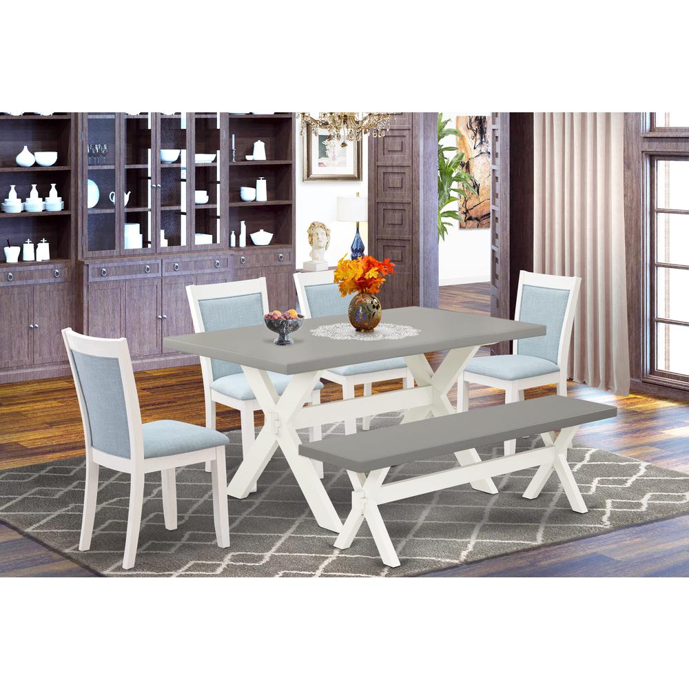 East West Furniture 6-Piece Kitchen Table Set Includes a Dinner Table - 4 Baby Blue Linen Fabric Parson Chairs with Stylish Back and a Dining Bench - Wire Brushed Linen White Finish. Picture 2