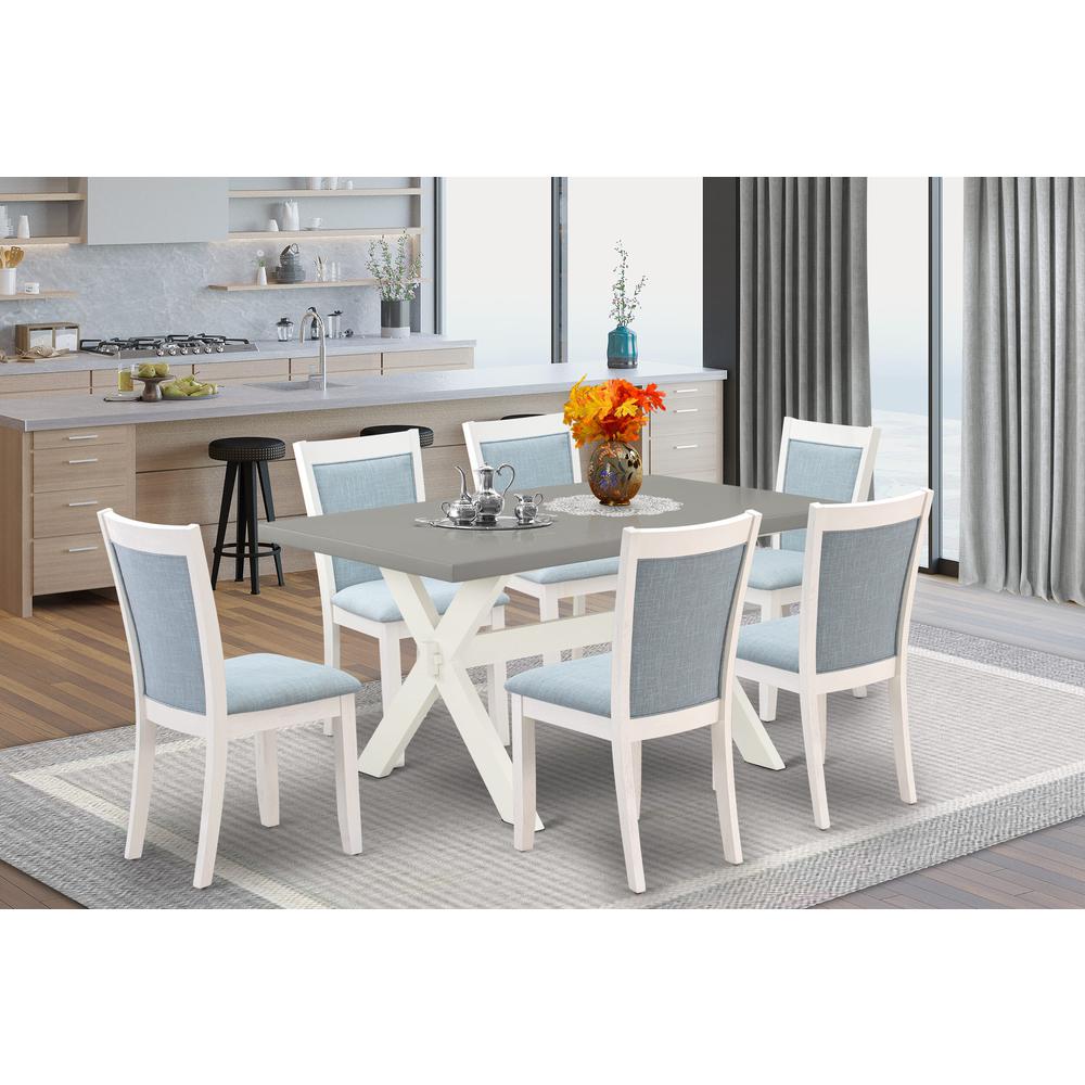 East West Furniture 7-Piece Dining Room Set Includes a Wooden Table and 6 Baby Blue Linen Fabric Upholstered Dining Chairs with Stylish Back - Wire Brushed Linen White Finish. Picture 2