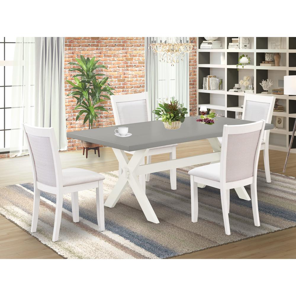 East West Furniture 5-Pc Dining Room Set Consists of a Wooden Table and 4 Cream Linen Fabric Mid Century Dining Chairs with Stylish Back - Wire Brushed Linen White Finish. Picture 2