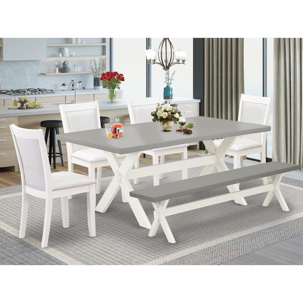 East West Furniture 6-Pc Dining Room Set Consists of a Dinning Table - 4 Cream Linen Fabric Dining Chairs with Stylish Back and a Small Bench - Wire Brushed Linen White Finish. Picture 2