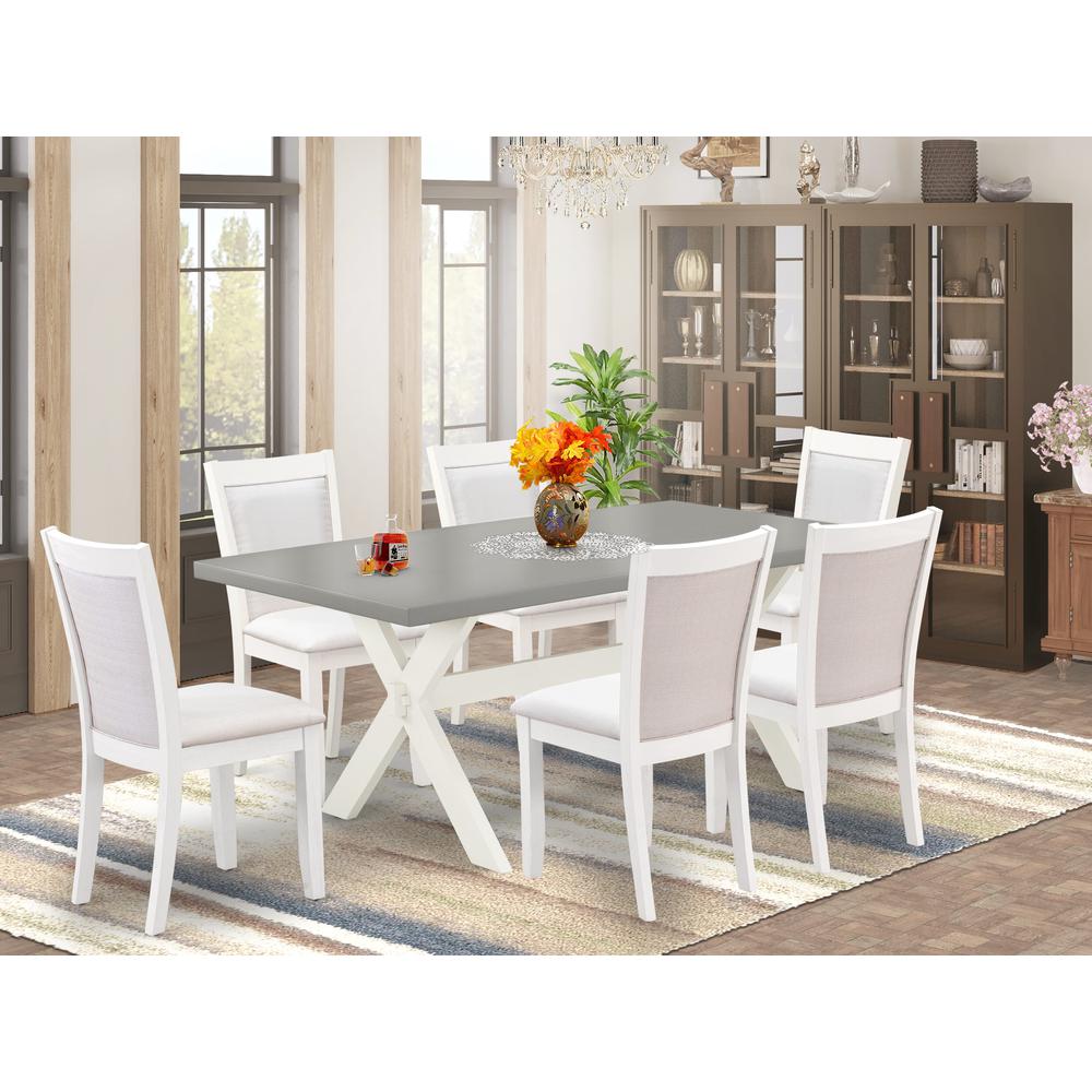 East West Furniture 7-Pc Modern Dining Set Consists of a Dining Room Table and 6 Cream Linen Fabric Upholstered Chairs with Stylish Back - Wire Brushed Linen White Finish. Picture 2