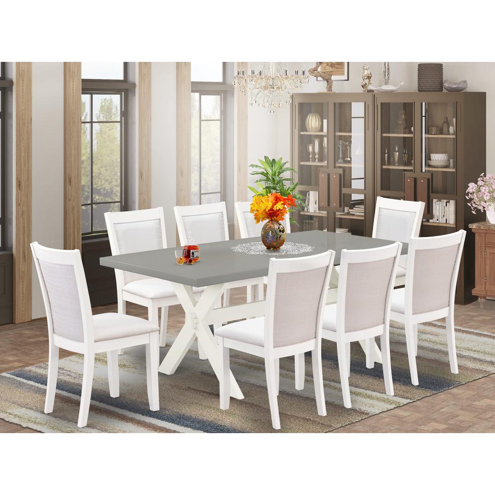East West Furniture 9-Pc Dinner Table Set Consists of a Dining Room Table and 8 Cream Linen Fabric Dining Room Chairs with Stylish Back - Wire Brushed Linen White Finish. Picture 2