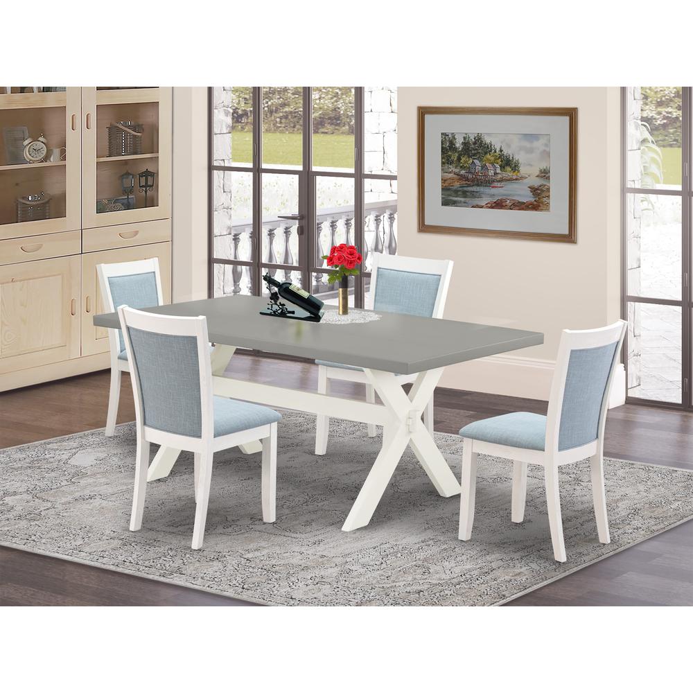 East West Furniture 5-Pc Modern Dining Table Set Consists of a Wooden Kitchen Table and 4 Baby Blue Linen Fabric Parson Dining Chairs with Stylish Back - Wire Brushed Linen White Finish. Picture 2