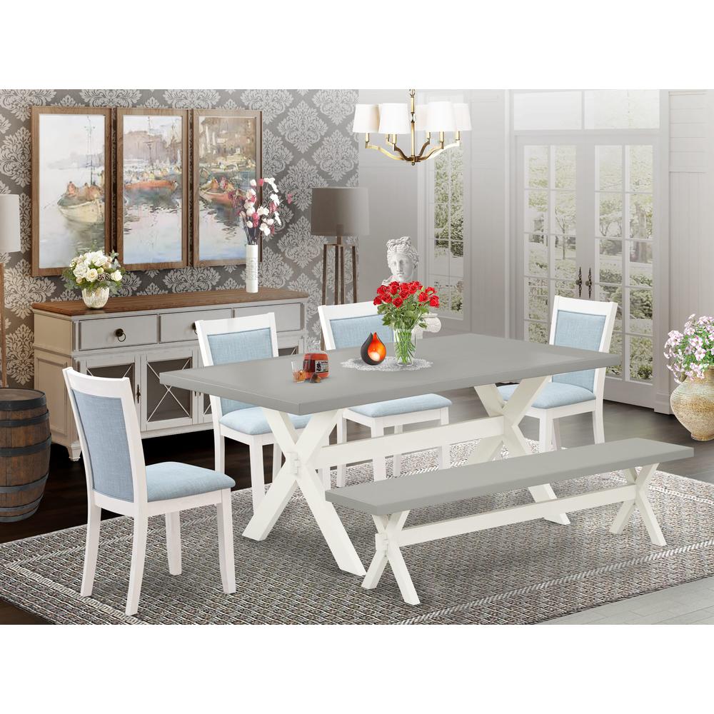 East West Furniture 6-Pc Dining Table set Consists of a Modern Dining Table - 4 Baby Blue Linen Fabric Dinner Chairs with Stylish Back and a Wooden Bench - Wire Brushed Linen White Finish. Picture 2