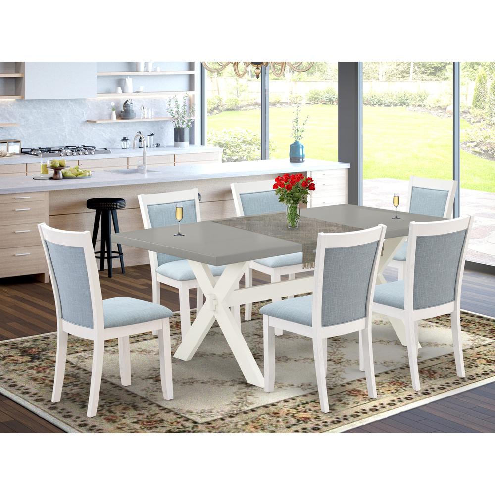 East West Furniture 7-Pc Table Set Consists of a Mid Century Table and 6 Baby Blue Linen Fabric Upholstered Chairs with Stylish Back - Wire Brushed Linen White Finish. Picture 2