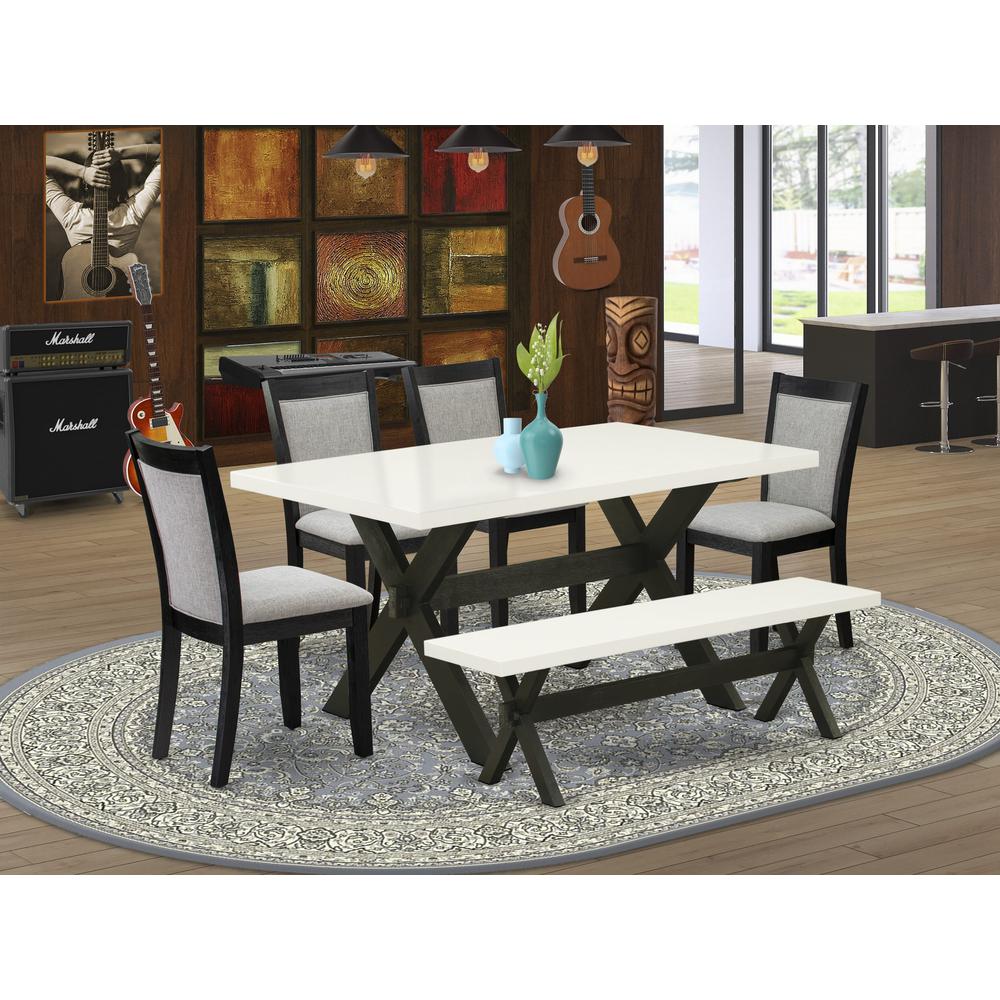 X626MZ606-6 6 Pc Kitchen Table Set - Linen White Table with a Rustic Bench and 4 Shitake Dining Chairs - Wire Brushed Black Finish. Picture 2