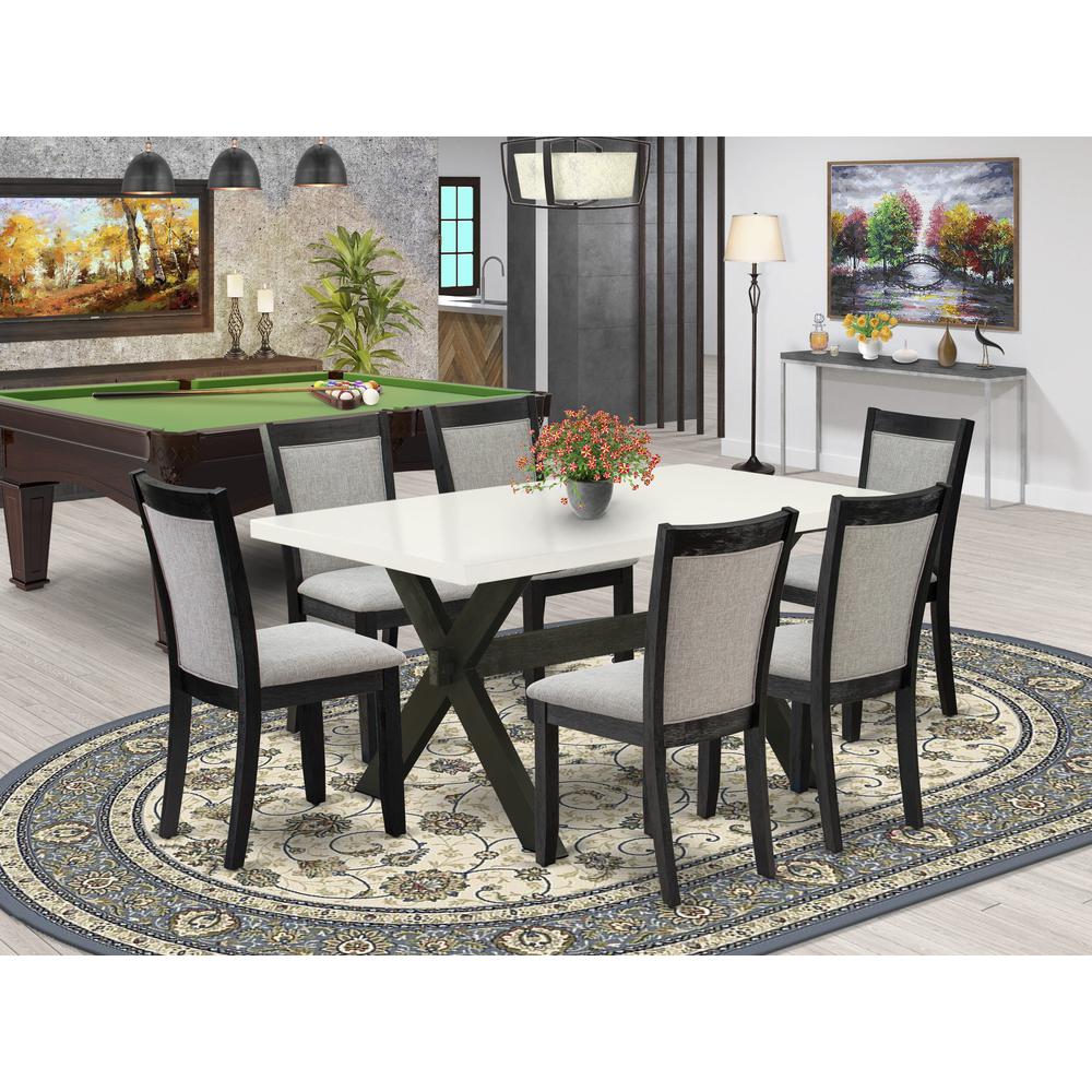 X626MZ606-7 7 Pc Dining Table Set - Linen White Wooden Dining Table with 6 Shitake Dinning Chairs - Wire Brushed Black Finish. Picture 2